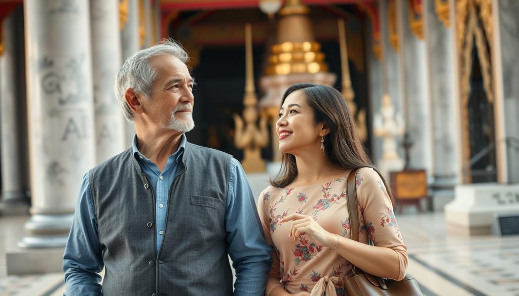 Older western man and Thai woman exploring a cultural site in Bangkok during daytime
