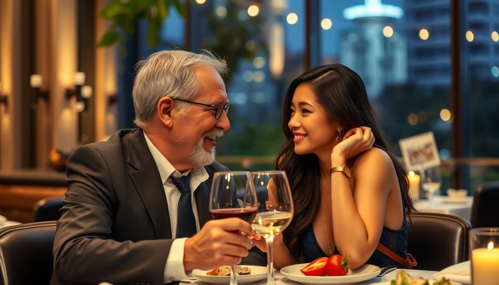 Older western man and younger Filipino woman enjoying dinner at restaurant before returning to guest friendly hotel