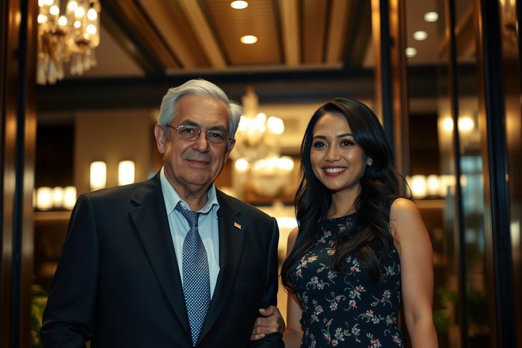 Older western man and younger Filipino woman entering a guest friendly hotel in Manila