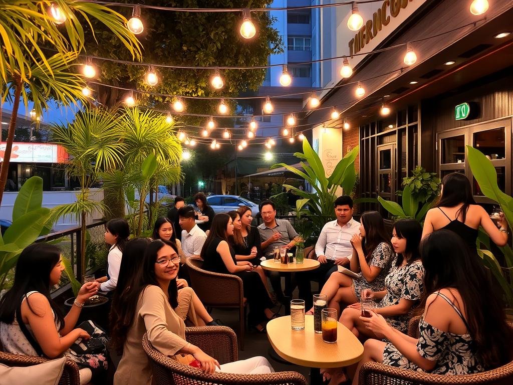 Outdoor seating area at a Kemang bar with mixed group of Indonesian women and foreign men socializing