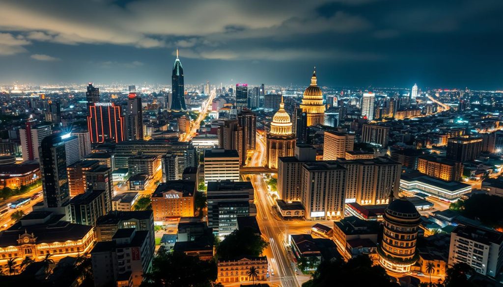 Panoramic night view of Manila skyline with illuminated buildings and nightlife districts
