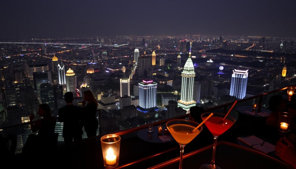 Panoramic view from Top of Hanoi rooftop bar showing the cityscape at night