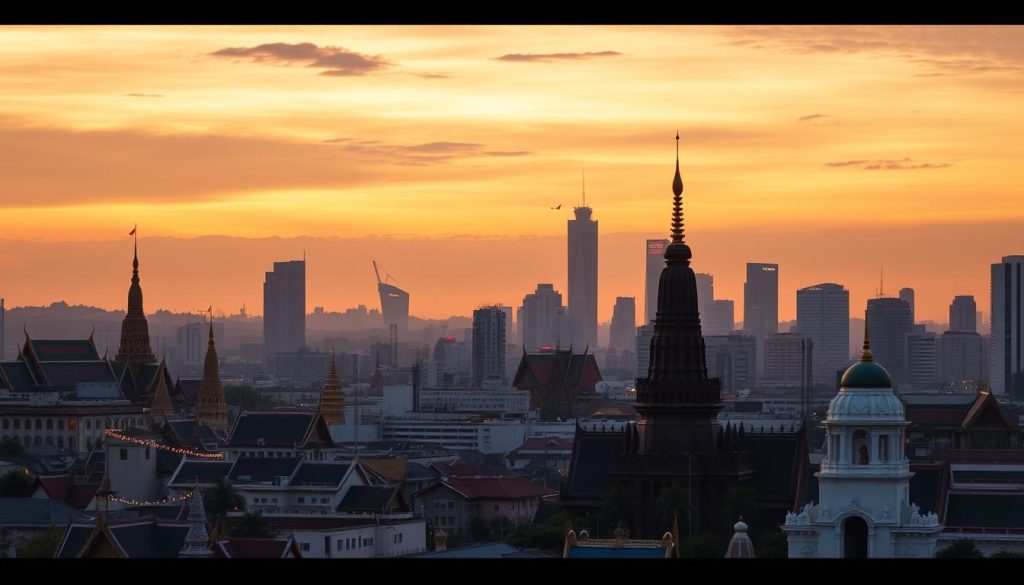 Panoramic view of Bangkok skyline with temples and modern buildings