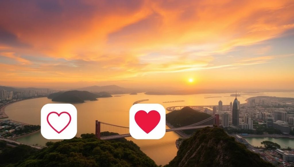 Panoramic view of Da Nang with dating app icons