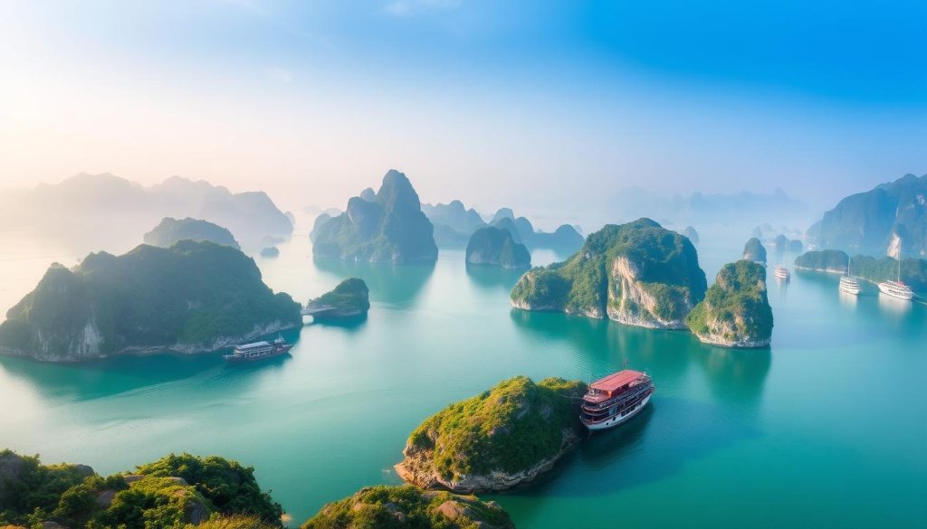 Panoramic view of Halong Bay's limestone karsts in Vietnam