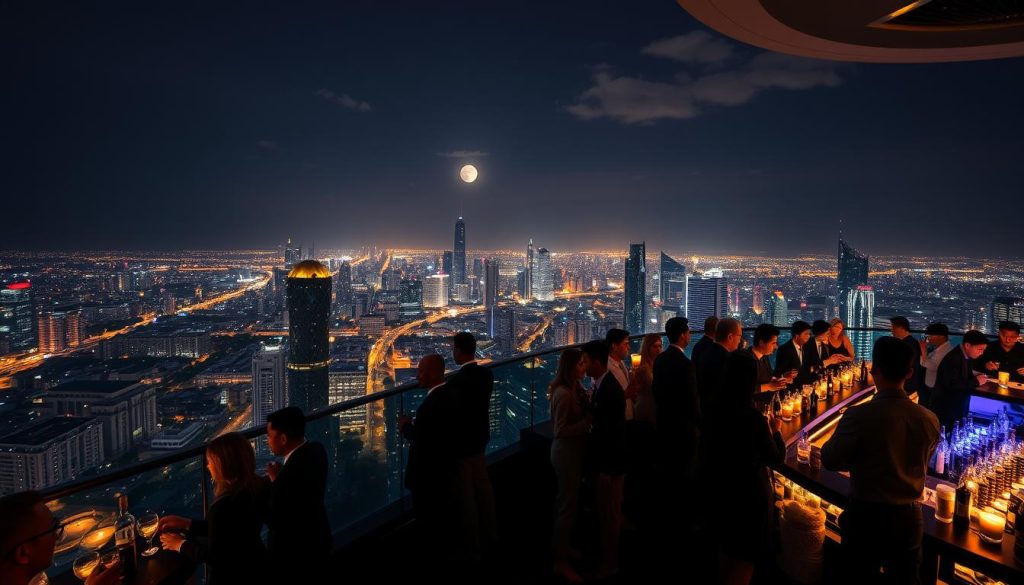Panoramic view of Jakarta from a luxury rooftop club with well-dressed patrons