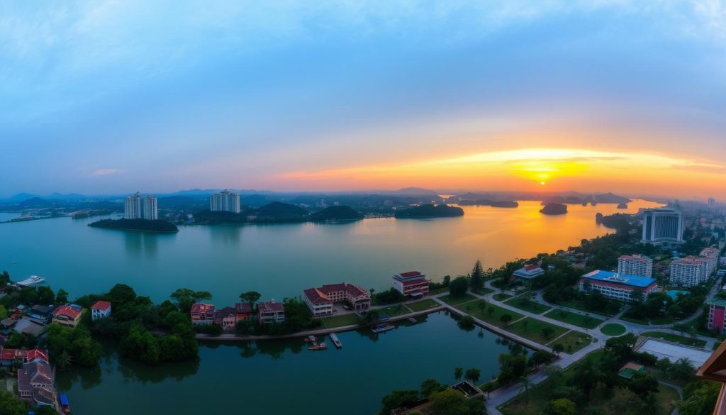 Panoramic view of West Lake (Tay Ho) in Hanoi with lakeside hotels and restaurants