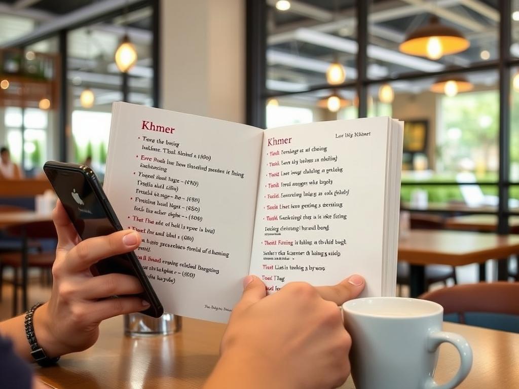 Person learning basic Khmer phrases from a language book in a Phnom Penh café