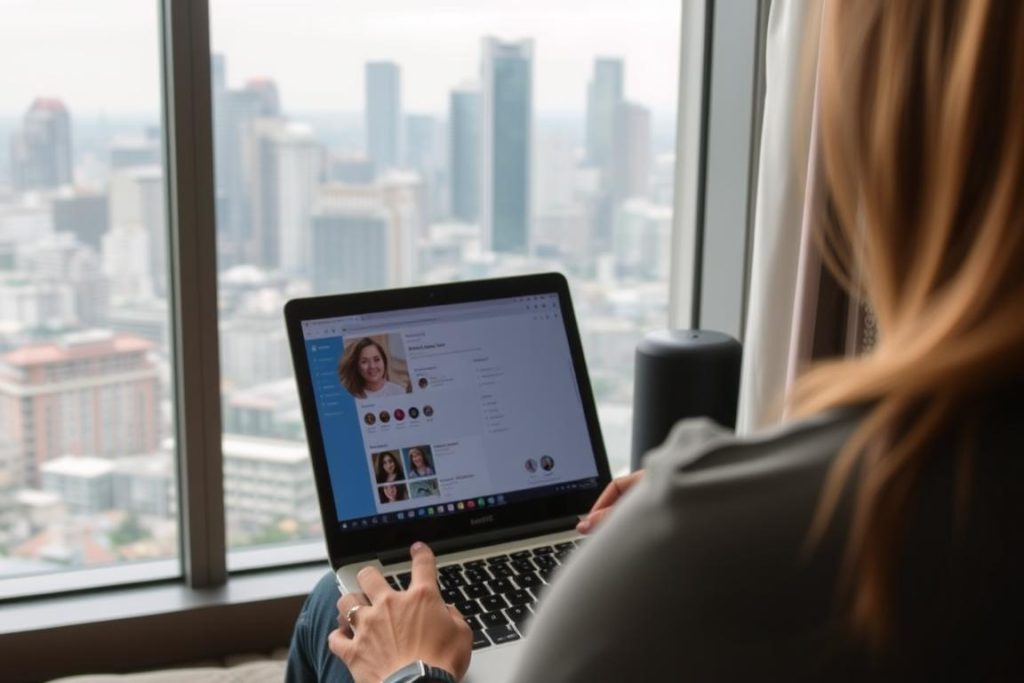 Person setting up dating profile with Bangkok skyline visible through window Person setting up dating profile with Bangkok skyline visible through window