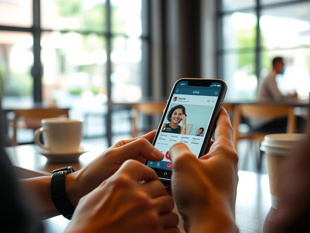 Person using dating app on smartphone in a Phnom Penh café