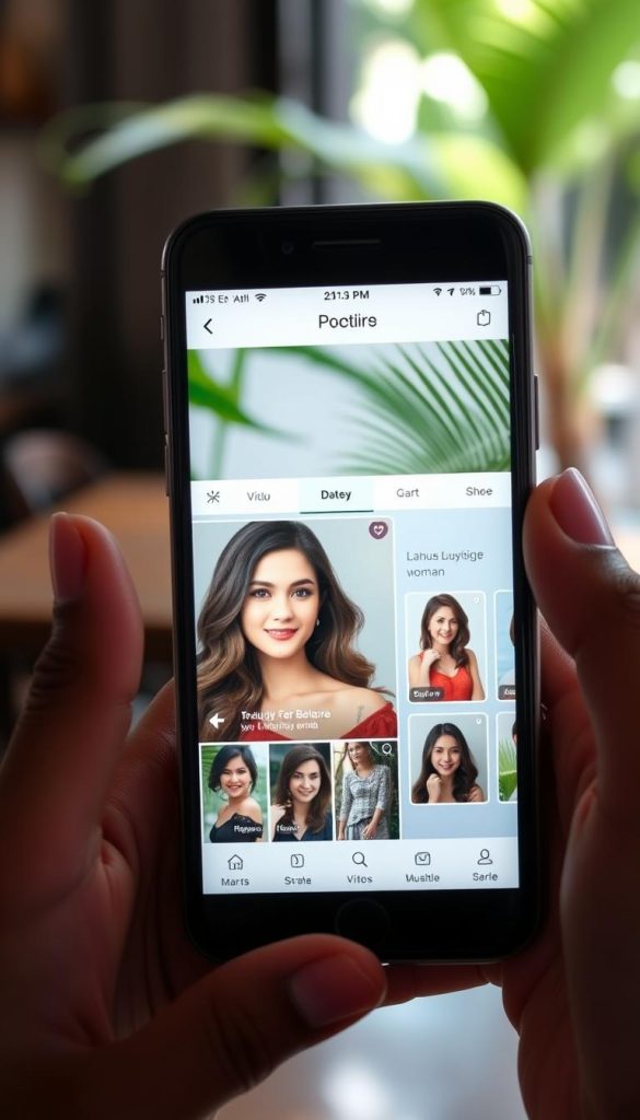 Person using dating app on smartphone to connect with younger women in Bali