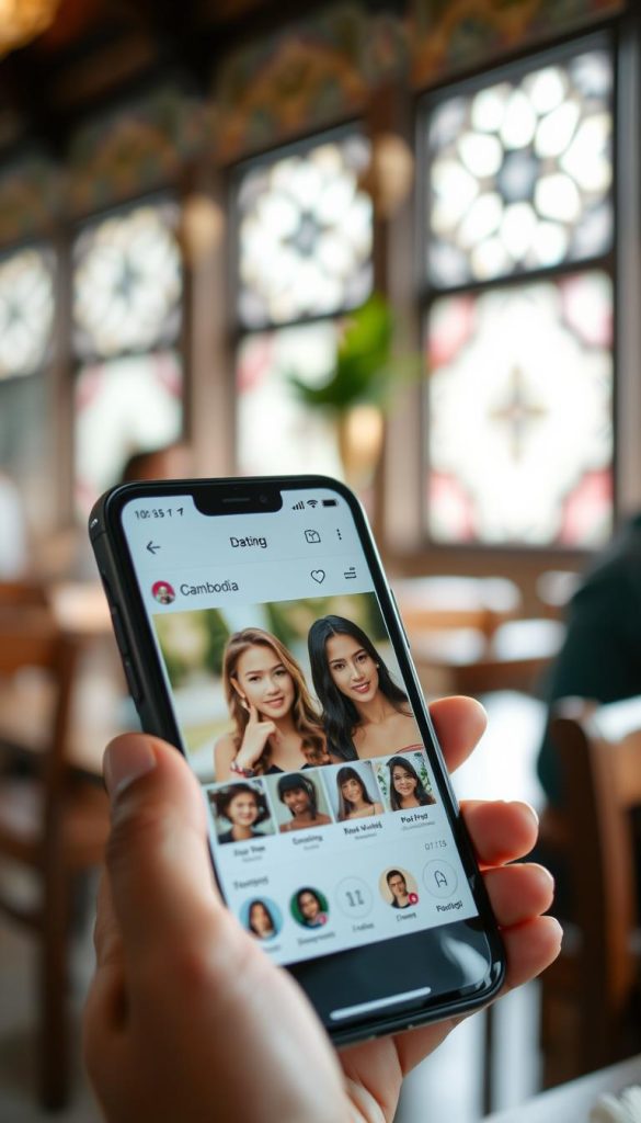 Person using dating app on smartphone to meet women in Siem Reap