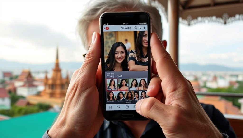 Person using dating app on smartphone with Chiang Mai scenery in background