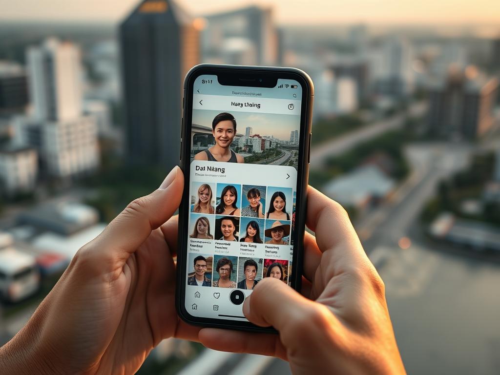 Person using dating app on smartphone with Da Nang cityscape in background, showing modern aspects of da nang dating culture Person using dating app on smartphone with Da Nang cityscape in background, showing modern aspects of da nang dating culture