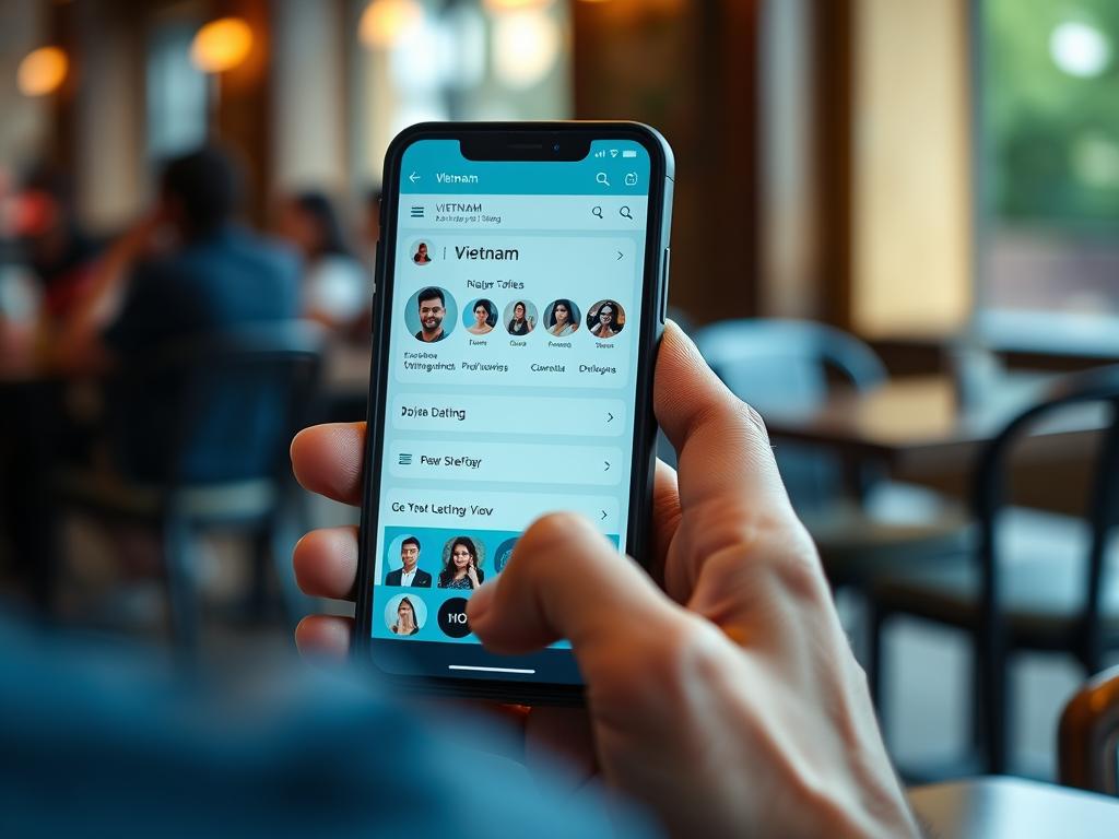 Person using dating app on smartphone with Vietnam location settings