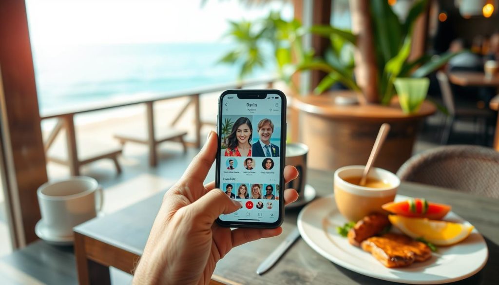 Person using dating apps on smartphone at Bali beach café, representing digital cost of dating in Bali