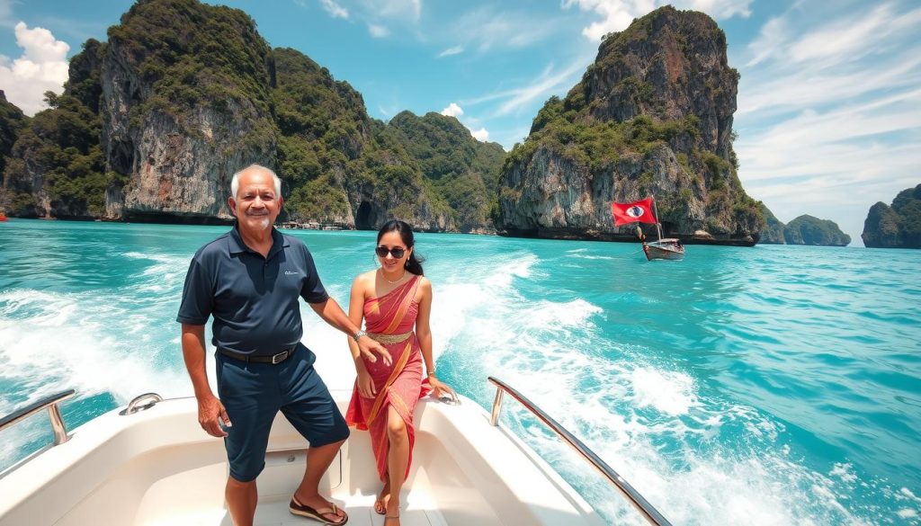 Phi Phi Islands tour from Phuket showing crystal clear waters and limestone cliffs