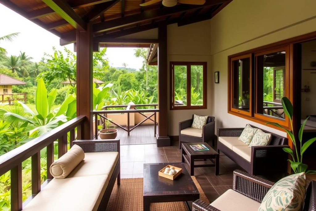 Private balcony at Yulia Village Inn overlooking gardens for best hotels bali dating