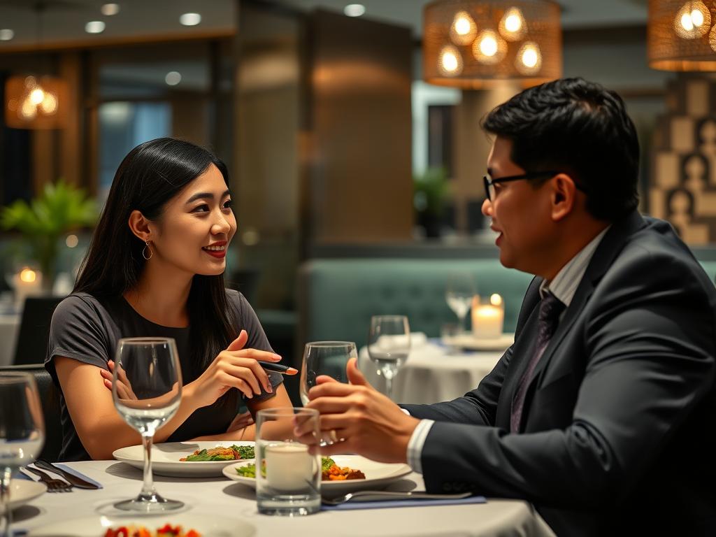 Professional Indonesian woman and Western man having dinner at an upscale Jakarta restaurant, representing cross-cultural dating in jakarta dating culture