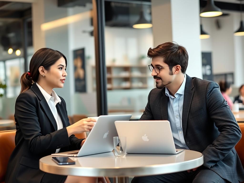 Professional Vietnamese woman and Western man discussing over coffee in a modern Hanoi cafe, showing evolving hanoi dating culture Professional Vietnamese woman and Western man discussing over coffee in a modern Hanoi cafe, showing evolving hanoi dating culture
