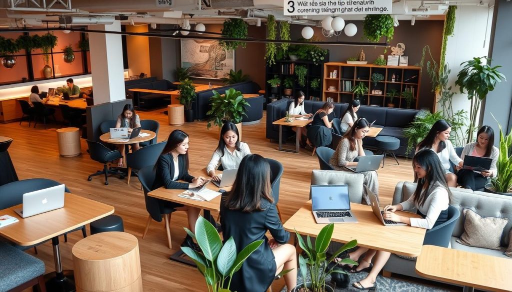 Professional Vietnamese women working in a modern coworking space in Ho Chi Minh City