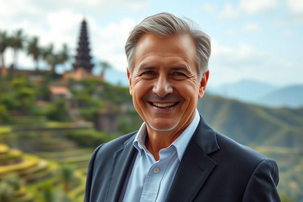 Professional profile photo of mature man in Bali setting