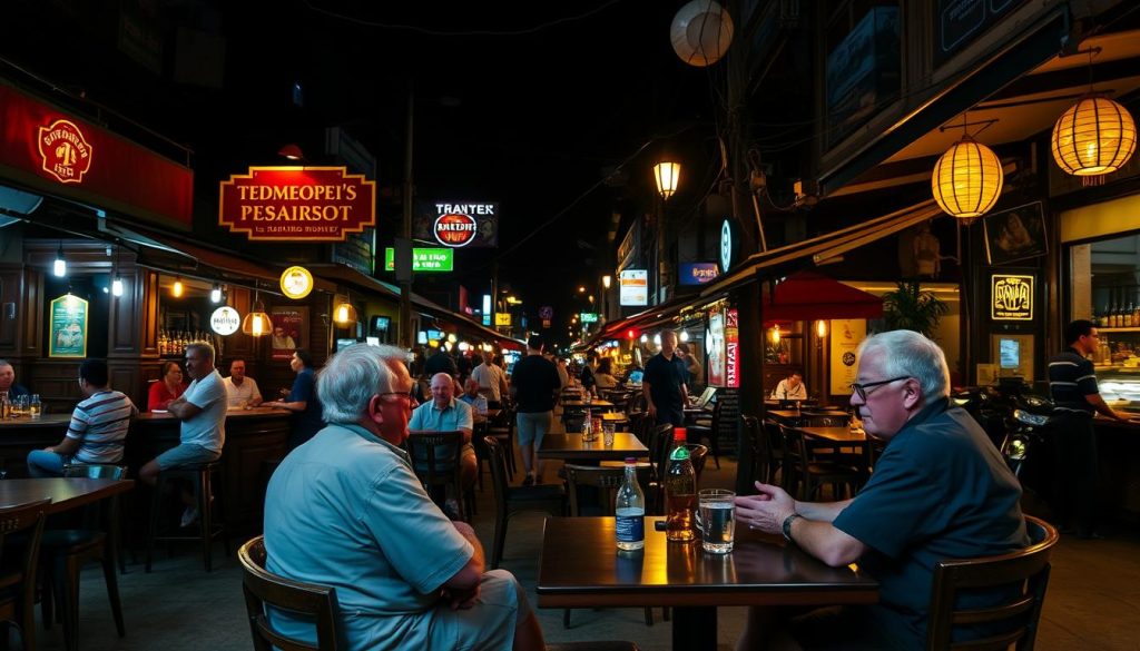 Pub Street in Siem Reap, Cambodia showing nightlife options for older Western men