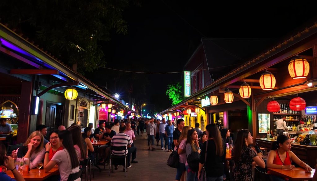 Pub Street in Siem Reap at night with restaurants and bars where tourists and locals mingle