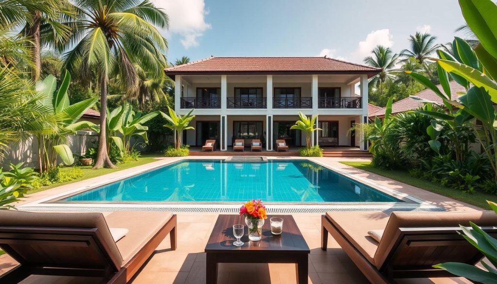 Rambutan Resort pool and garden area in BKK1, Phnom Penh