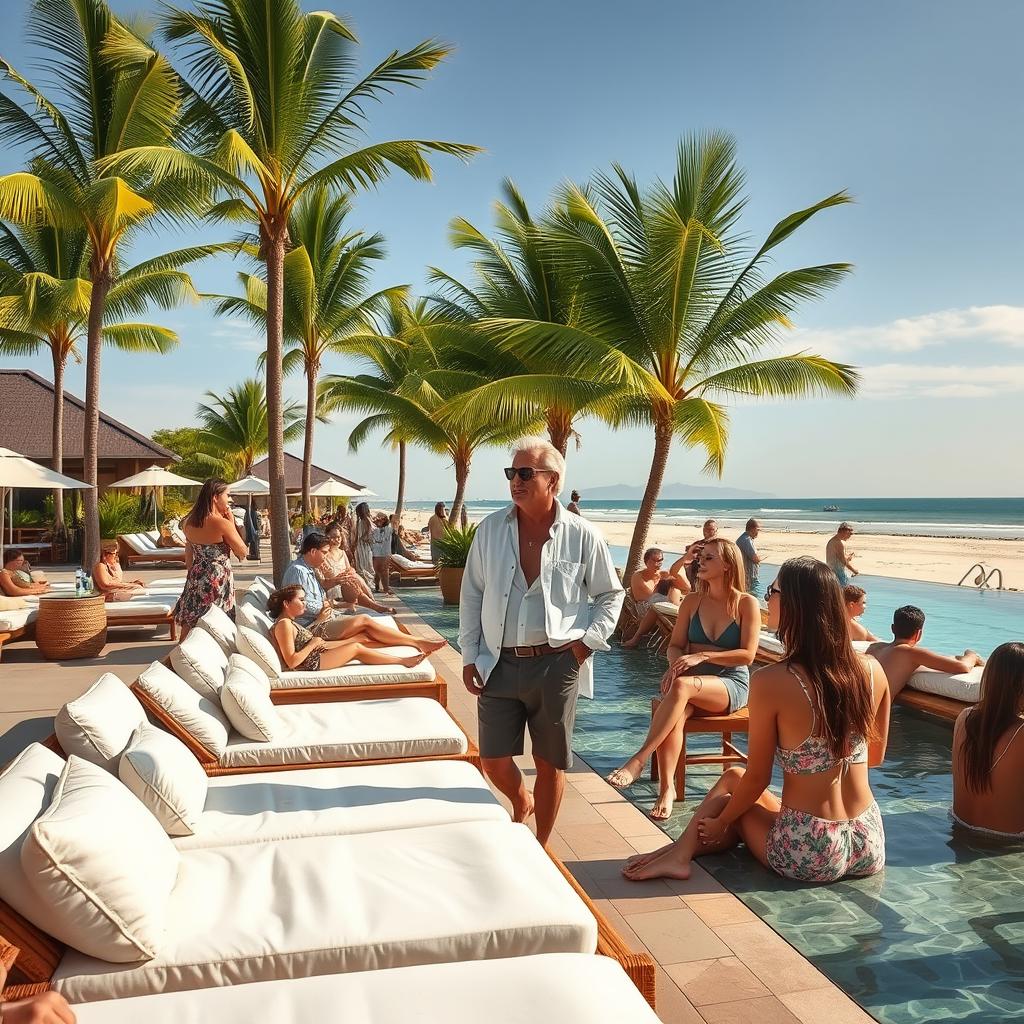 Relaxed afternoon scene at a Canggu beach club with people socializing