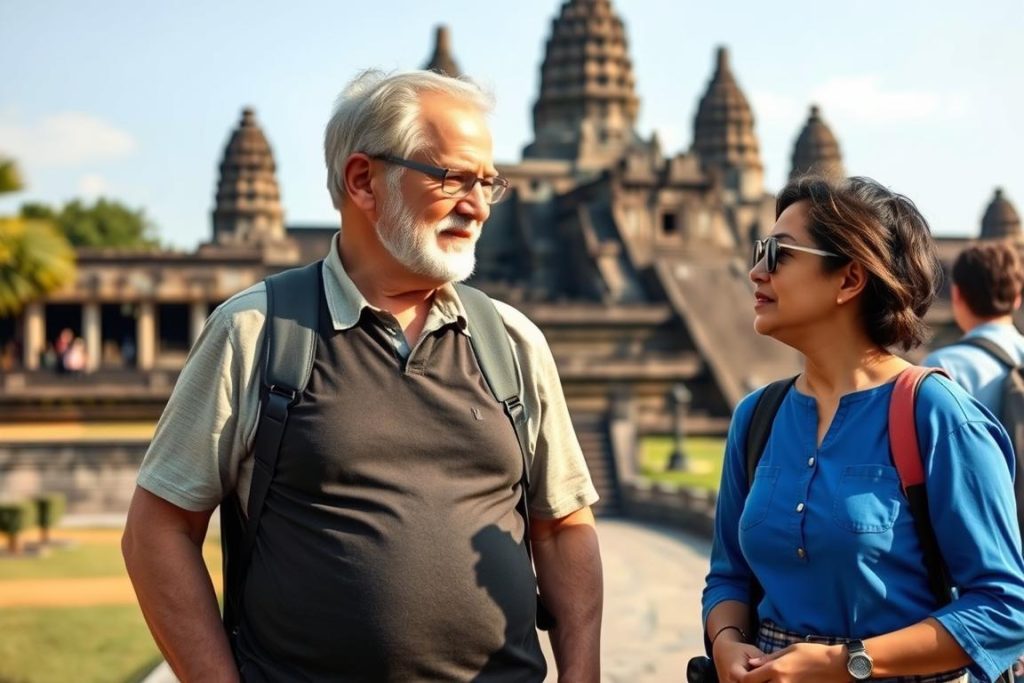 Respectful age-gap couple enjoying a cultural experience together in Siem Reap