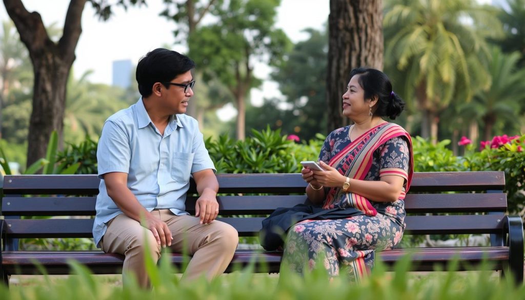 Respectful conversation between a foreign man and Cambodian woman in a public park in Phnom Penh