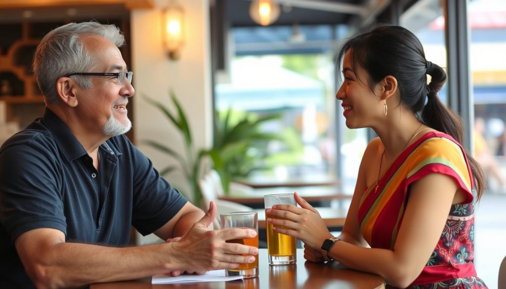 Respectful conversation between foreign visitor and Thai woman in Pattaya café