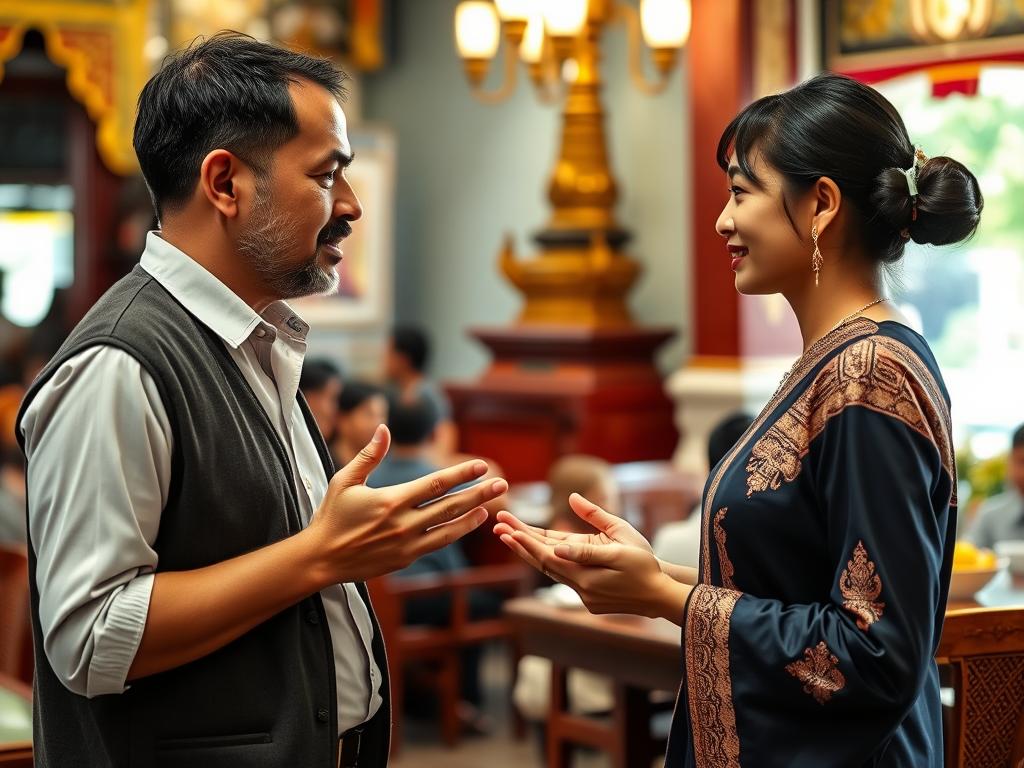 Respectful conversation between foreigner and Thai woman in cultural setting Respectful conversation between foreigner and Thai woman in cultural setting