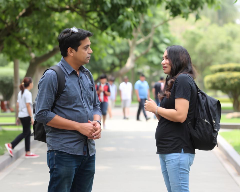 Respectful conversation in a public garden in Phnom Penh
