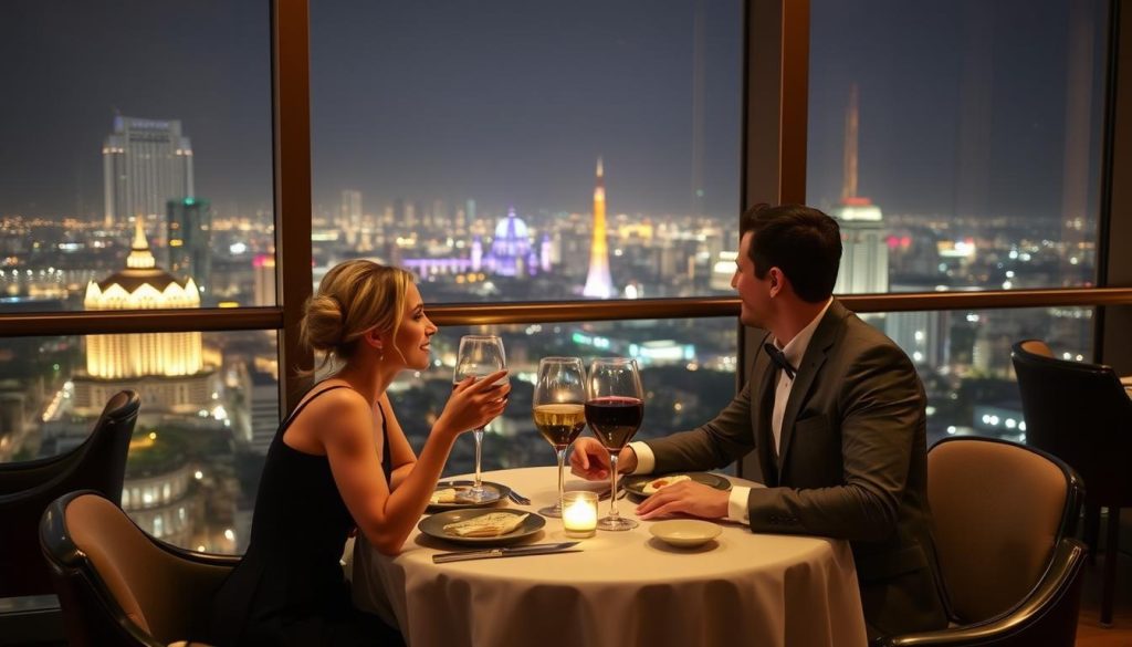 Romantic dinner at an upscale restaurant overlooking Ho Chi Minh City skyline