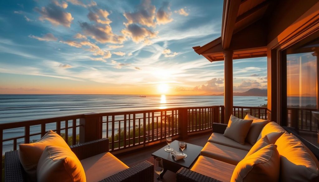 Romantic hotel setting in Thailand with sunset view over beach