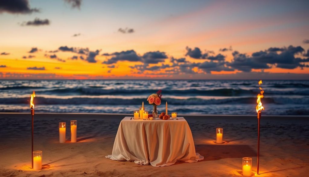 Romantic private beach dinner setup with candles and ocean view - exclusive things to do in Vietnam