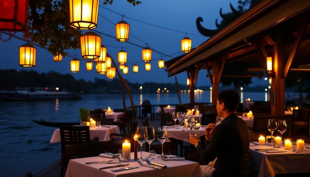 Romantic riverside dining in Chiang Mai with traditional lanterns - date ideas Thailand