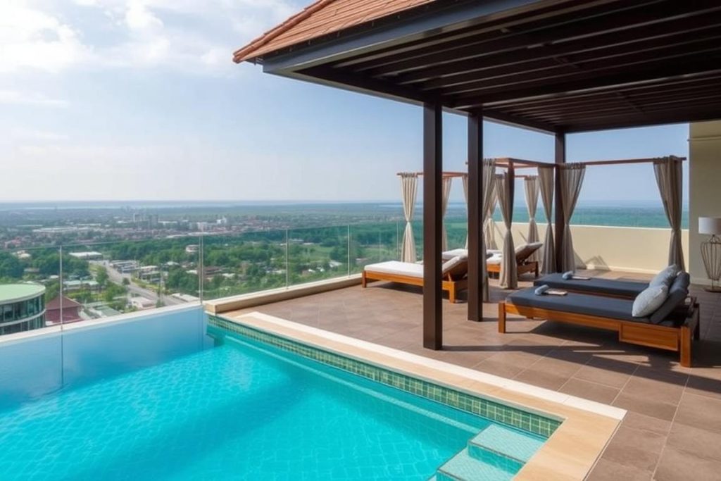 Rooftop pool at The Kirana Canggu Hotel with private cabanas for best hotels bali dating