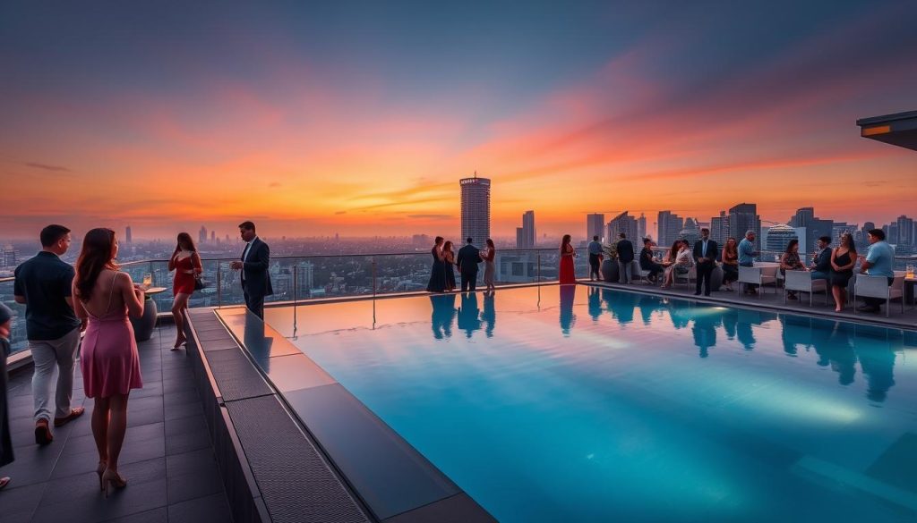 Rooftop pool bar at a luxury hotel in Manila with people socializing