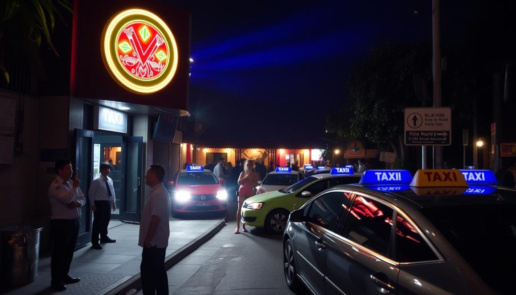 Safe transportation options outside a popular Bali nightclub with security present