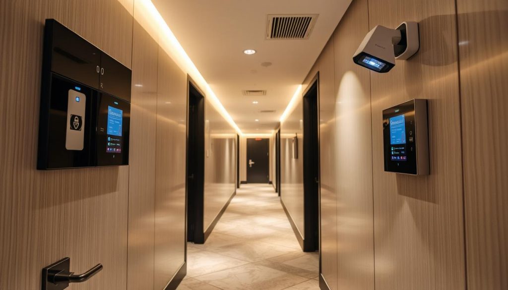 Secure hotel corridor with keycard access representing privacy for best hotels jakarta dating