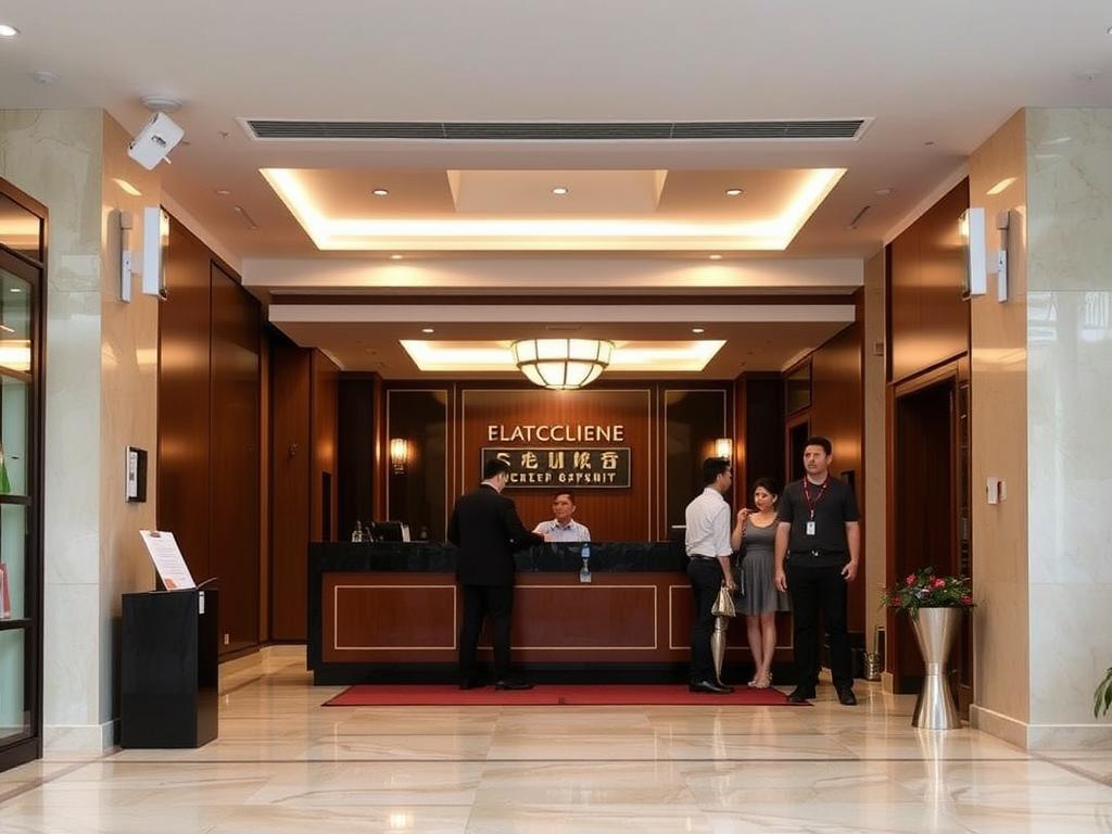 Secure hotel lobby with reception desk and security features
