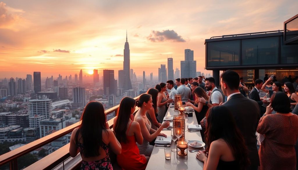 Sophisticated rooftop bar in Bangkok with skyline view
