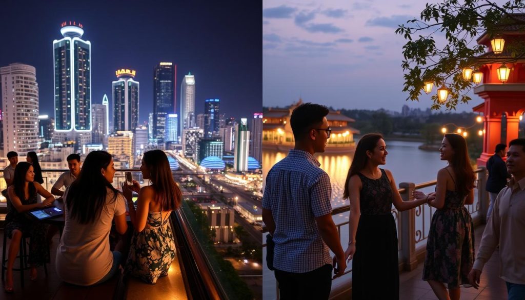 Split image comparing Ho Chi Minh City and Hanoi dating scenes