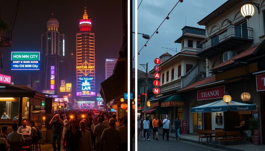 Split image comparing Ho Chi Minh City's vibrant nightlife with Hanoi's more traditional evening scene