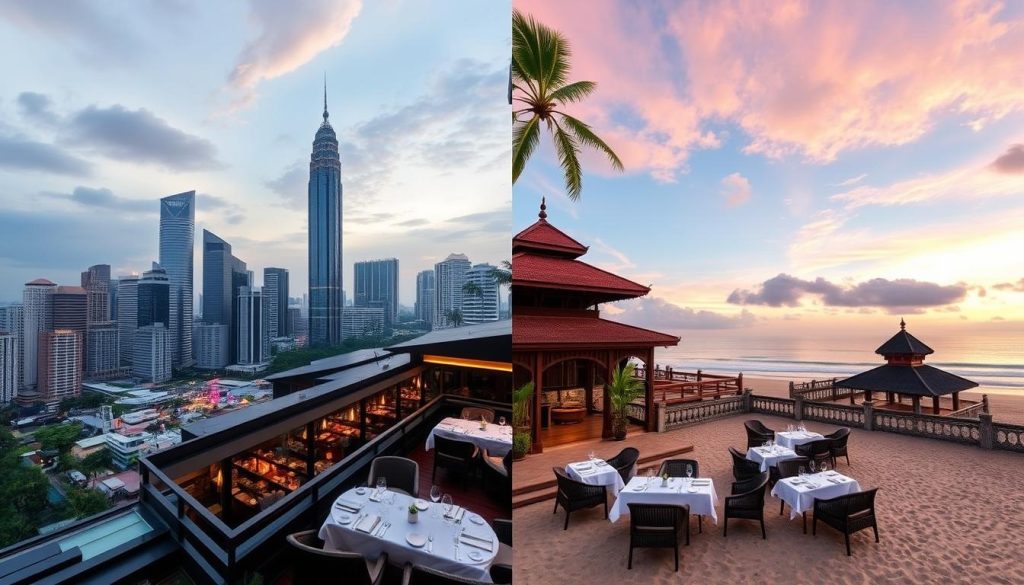 Split image comparing Jakarta modern skyline restaurants with Bali beachfront dining, showing cost of dating in Bali vs Jakarta