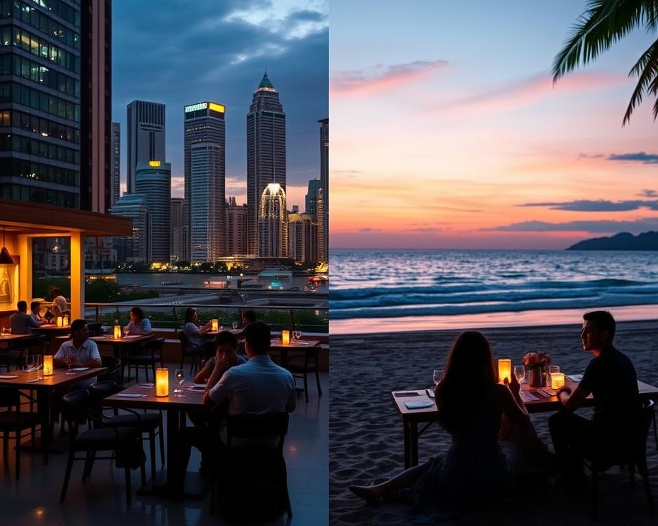 Split image comparing Jakarta urban dating scene with Bali beach dating scene, illustrating cost differences between dating in Jakarta and Bali