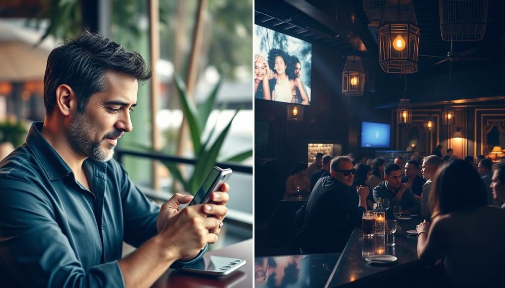Split image comparing dating app use vs Bali nightlife